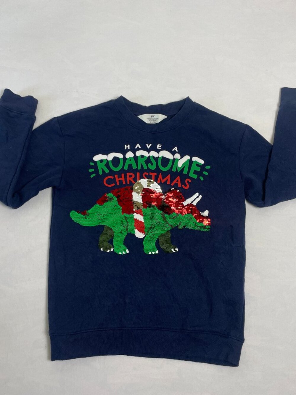H&M Kids Navy Green Red Dino Christmas Sweatshirt Holiday Sequins Winter (8/10)